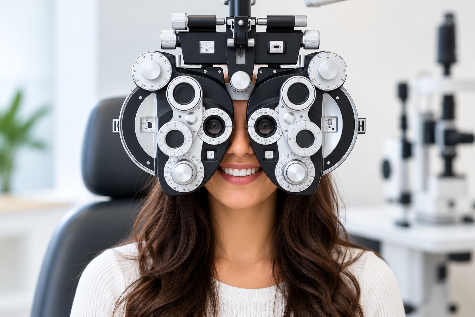 Patient undergoing an eye examination with a phoropter